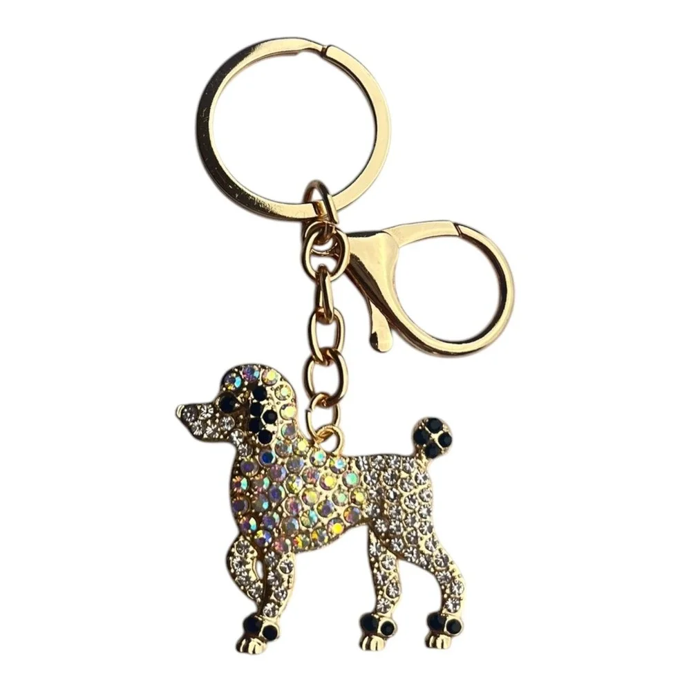 Gold Tone Iridescent Rhinestone Poodle Dog Key Chain Women's Bling Charm 4